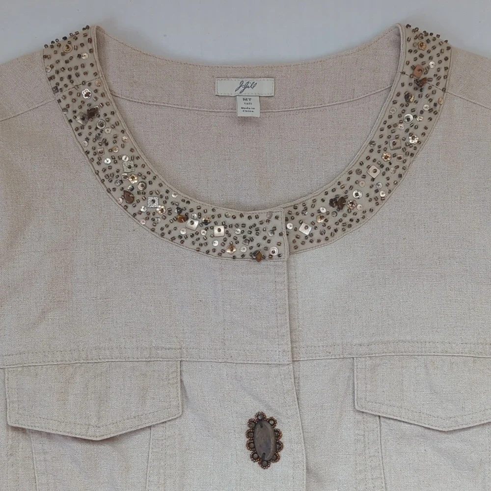 J.Jill Linen Sequin Snap Front Blazer Jacket MT Khaki Tan - Picture 4 of 16